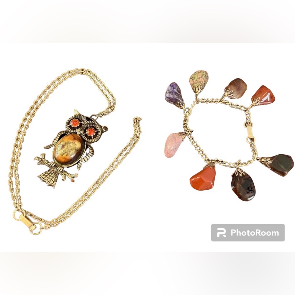 owl necklace, and semi precious stone bracelet both from the 70’s